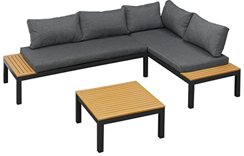 Gartenfreude Aluminium Lounge Ambience, flexibel einsetzbar mit wasserabweisenden Kissen, Weiß/Grau, WPC-Streben Möbel-Set, Eckmodul, Dunkelgrau