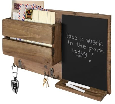 Flexzion Altholz-Eingangs-Brief-Organizer aus Holz, Wandhalterung Ablage-Organizer mit Tafel Kreidetafel Memo Board-Nachrichtenschild & Schlüsselhacken/f Vordertür Möbel Möbelzubehör Home Office