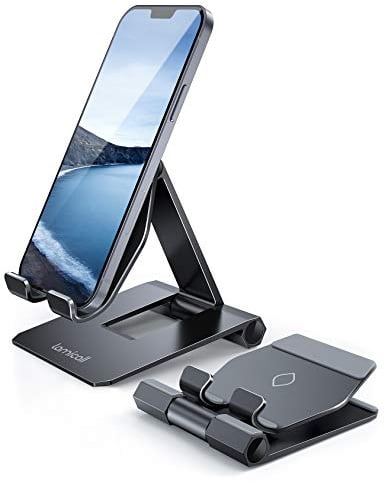 Lamicall Aluminum Phone Stand, Adjustable Phone Holder - Foldable Metal Stand Mount Cradle Dock for Desk, for iPhone 16/15/14/13/12/11 Pro Mini Pro Max, Xs Max XR X 8, Samsung S23, Smartphones - Black