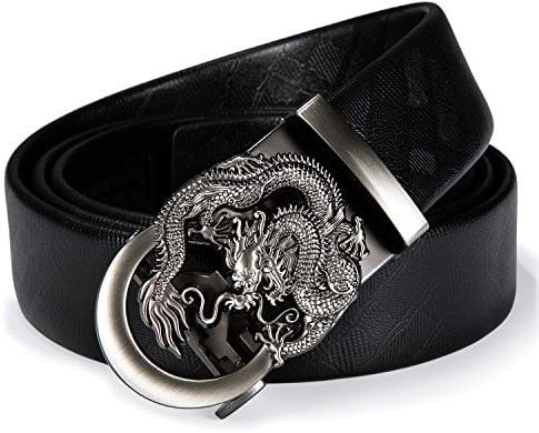 Barry.Wang Leather Ratchet Belts for Men 1 3/8 Black Belt Adjustable Dragon Buckle for Jeans Wedding Business Anniversary Ball Gala