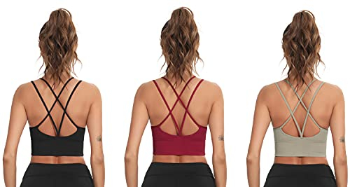 Enjoyoself Damen Sport BH 3er Set Gekreuzt Rücken Push Up Bra Padded Sexy Nahtlos Bustier für Yoga Fitness Tranning schwarz+rot+grün,L