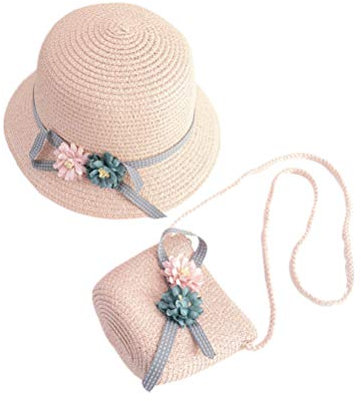 Toddmomy Sombrero De Playa para Niñas Conjunto De Paja Bolso Bandolera para Playa y Picnic Color Natural Material Paja