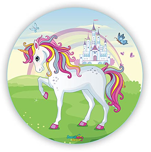 J&M DECO Tortenaufleger Einhorn essbar – rund 20cm Ø – Zuckerdekoration für Kindergeburtstag – hochwertige Tortendeko für Mädchen – sofort verwendbar – EU Produktion