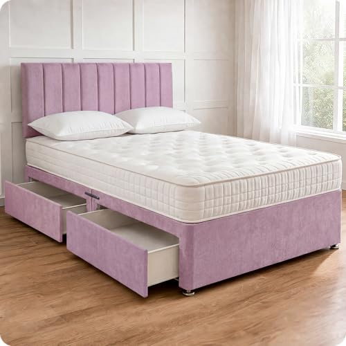 Comfy Deluxe LTD Apollo Divan Bed Set - 3FT Single, Rose Pink | Plush Velvetto Bed Frame with 26 Inch Headboard | Memory Sprung Mattress Included | 2 Same Side Storage Drawers | UK Made