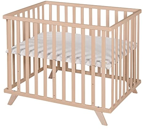 roba Laufgitter 75 x 100 cm - Baby Laufstall inkl. Einlage Lil Planet grau - GOTS und Oeko-Tex 100 zertifiziert - 3-fach höhenverstellbar - Holz natur