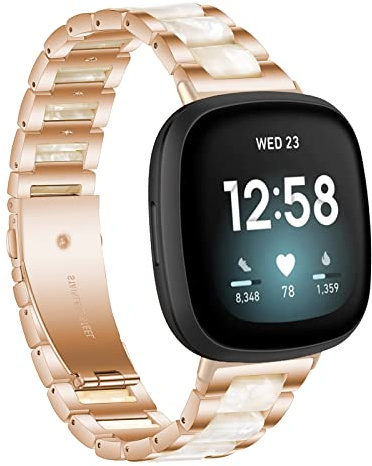 Gheper Harz Edelstahl Armband Kompatibel mit Fitbit Versa 4 / Versa 3 / Sense Smartwatch Armbänder Ersatz Metallarmband für Damen Herren