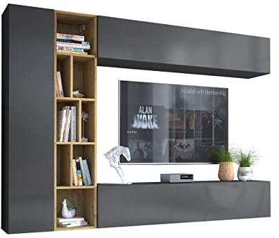 Wohnwand Kodita, Anbauwand, Fernsehschrank, Schrankwand, Mediawand, Wandregal, Schrank, TV-Lowboard (Grau/Eiche Artisan)
