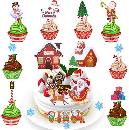 KEELYY 52 Stück Weihnachten Cupcake Toppers, Picks Kuchenaufsätze Schneeflocken Frohe Weihnachten Zahnstocher Fahnen für Weihnachtsfeier Kuchen Muffin Käseplatte Vorspeisen Dekor