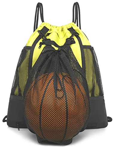 STAY GENT Drawstring Sac à Dos de Basketball Sac de Foot pour Garçons & Filles, Jaune Filet allon Foldable Football Volleyball Sacs de Sport Avec Sac en Filet Détachable pour Gym Base-ball Yoga