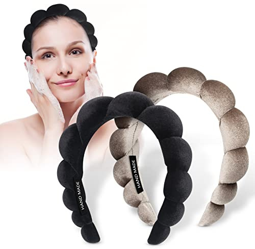 Makeup Headband Women Spa Facial Headbands Sponge Padded Soft Terry Towel Cloth Hair Band for Skincare Makeup Removal,Face Washing 2pack (Black Brown)
