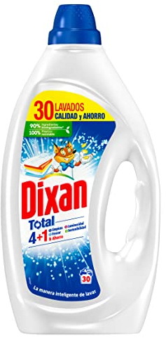 Dixan No Brand Gel Gesamt 4+1, Flüssigwaschmittel für Waschmaschine 30 Waschgänge, Flüssigseife zum Waschen weißer und heller Kleidung Reinigung, Helligkeit, Frische und Nachhaltigkeit