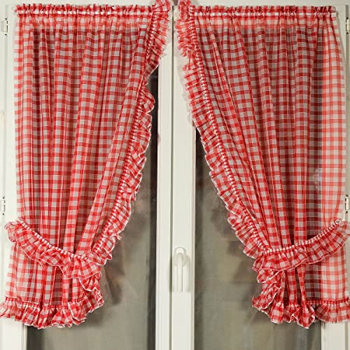 HomeMaison.com Paire Petits Vitrages Carreaux Normand - Rouge - 095 X 120 cm
