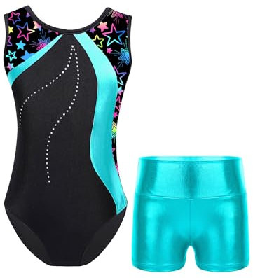 TTAO Gymnastikanzug für Mädchen Ärmellos Turnanzug mit glänzenden Shorts set Trikotanzug Tanz Gymnastik Training Trikot Anzug Ballttkleidung See Grün 98-104