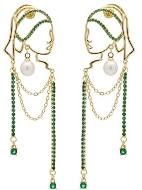 Einzigartiges abstraktes Gesicht Art baumelnde Ohrringe für Frauen Mädchen Umriss Strass Tassel Dény Hollow aus Ohrringe Schmuck Mode baumelt lange Aussage leichte Ohrringe... (Golden green diamond)