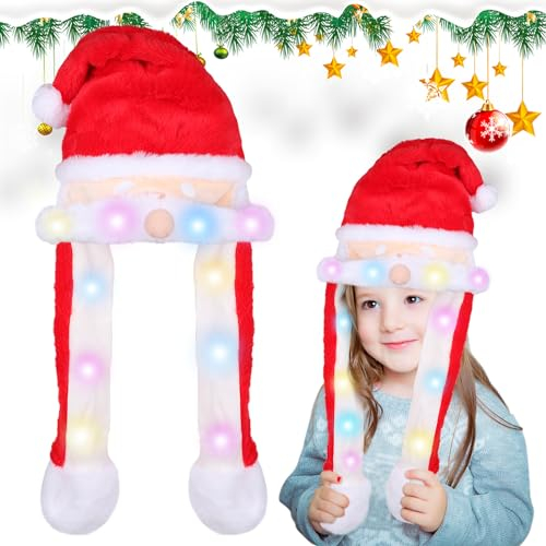EKKONG LED Weihnachtsmütze, Weihnachtsmütze Beweglich,Lustige Weihnachtsmützen LED,Beweglicher Bart Hut,Weihnachtsmütze mit Licht,Weihnachtsmütze für Kinder Erwachsene