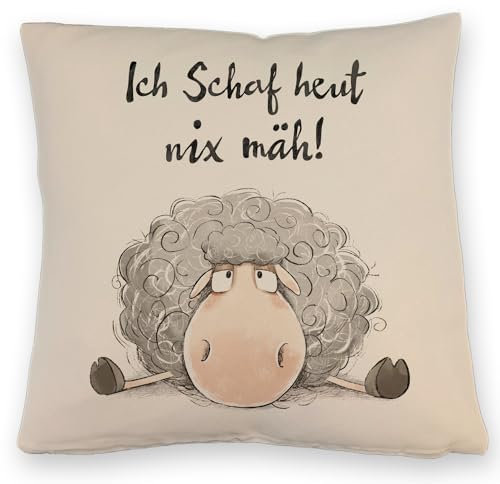 Schaf Kissen mit Leinenoptik mit Spruch Ich Schaf heut nix mäh Witziges Bauerntier-Kissen mit Leinenoptik flauschig bunt Cartoon-Farm-Style ideal für Gartenpartys lustige Deko