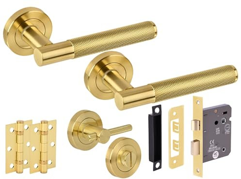 HANDLEZONE® Evo Knurled Grip Door Handles on Rose Bathroom Lock Pack with Knurled Turn Set, 76mm Lock, 75mm Ball Bearing Hinges - Brushed Brass
