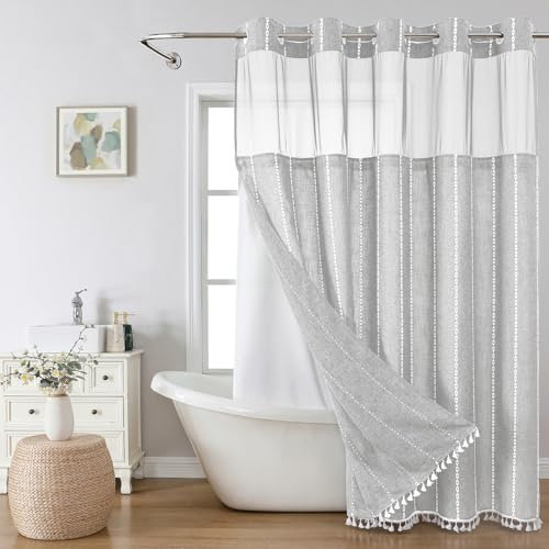 eachope Juego de cortinas de ducha largas sin gancho con forro de tela a presión, tela de lino ultra gruesa con borlas, cortinas de ducha de tela neutra para baño, gris/gris, 71 x 80 pulgadas