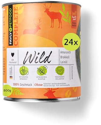 FAVLY – Nassfutter für Hunde Wild 24 x 800g – getreidefrei & Monoprotein – mit Amaranth, Brokkoli & Leinöl – hoher Fleischanteil in Lebensmittelqualität – für Allergiker & Sensible Hunde