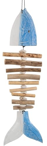 Logbuch-Verlag Großer blau weißer Fisch aus Holz Mobile Windspiel zum Aufhängen ca. 70 cm als Bad Deko Meer