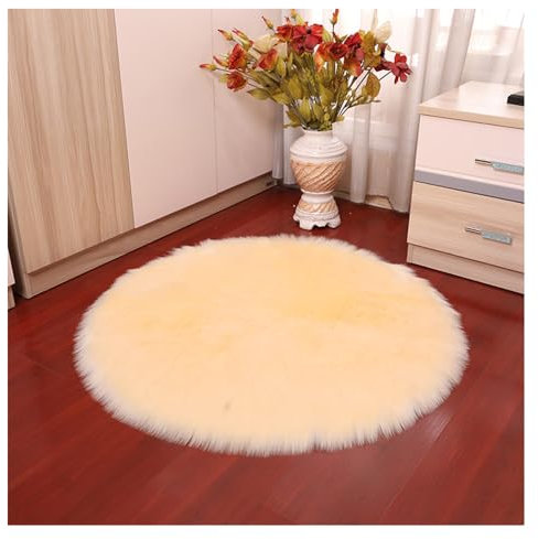 Faux Lammfell Schaffell Runder Teppich 45*45cm Beige Flauschig Kunstfell Teppich Longhair Fell Weiche Nachahmung Wolle Bettvorleger Sofa Matte Rutschfester Waschbarer Plüsch Fußmatte Heim Deko