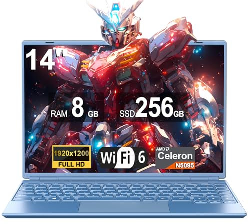 Ordinateur Portable 14'' Celeron N5095 (jusqu'à 2,9 GHz) 8Go RAM 256Go SSD Soutien Extension 1TB(TF 512Go)1920x1200 Quad Core PC Portable Win11 Laptop 5G WIFI Mini HDMI AZERTY Clavier Couverture-Bleu