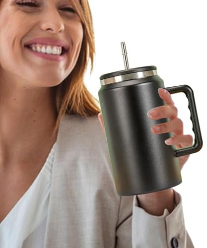 Gmokluytw Vaso de acero inoxidable de 50 onzas – Botella de agua con popote | Alta capacidad para mantener el frío, vaso con popote para bebidas, jugo, cerveza, café, leche