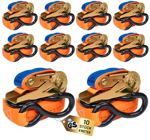 10 Stück Spanngurte mit Ratsche und S-Haken - 4m 1000kg 25mm - Zurrgurte -TÜV G/S Zertifizierte Ratschengurte Nach DIN EN 12195-2 - KODIAK STRAPS