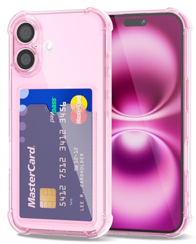 Svanove for iPhone 16 Plus Case Wallet Clear, Card Holder Case with Credit Card Slot, Thin Slim Transparent Silicone Grip Soft Rubber Protective Shockproof Airbag Bumper for Women, Light Pink