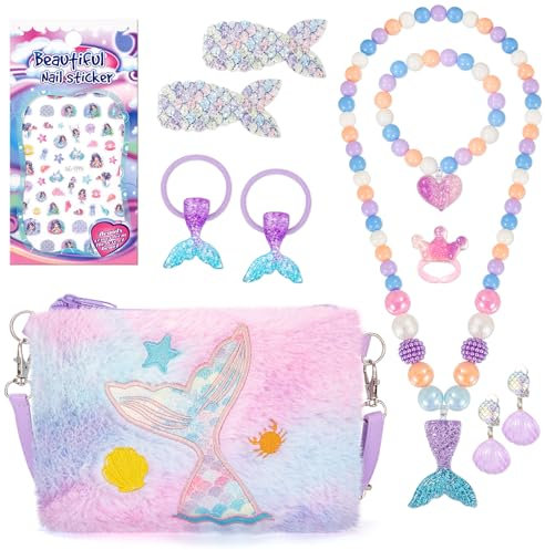 Meerjungfrau Handtasche Schmuck Set für Mädchen, Mermaid Geldbörse Prinzessin Halskette Ringe Armbänder Ohrring Haarspange für Meerjungfrau Dress Up Schmuck Geburtstagsgeschenke Geschenke Spielzeug
