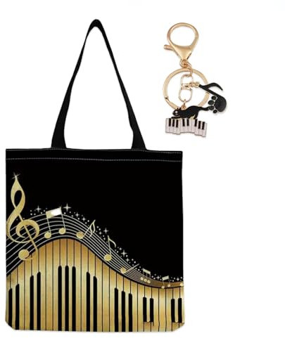 Eowppue Praktische Tragetasche - Hochwertige Einkaufstasche mit Notenblatt-Muster, Große Kapazität & Wiederverwendbar, inklusive Musikalischer Katze Anhänger