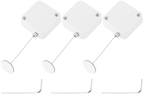 sourcing map 4.9 ft Retractable Cable Lock with Adhesive Round Patch Remote Control Security Lock with Adjustable Cord Tether Anti Theft for Laptop, TV, 600g, White, 3 Pack