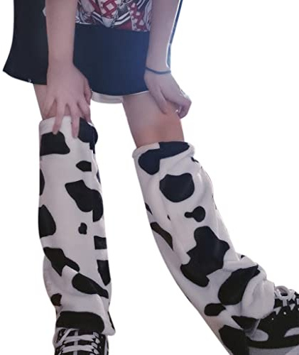 Dcaknri Damen Mädchen Winter Plüsch Beinstulpen Schwarz Weiß Kuh Leopard Print Lange Socken Gothic Fußabdeckungen, Große Version der Kuhstruktur, Standard