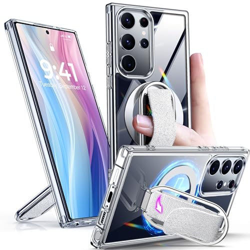 SHIELDS UP für Samsung Galaxy S23 Ultra Hülle mit Ständer, Handyhülle mit Ring Halter Fingerschlaufe, Stoßfest Kratzfest SchutzHülle für Samsung S23 Ultra Case -Transparent