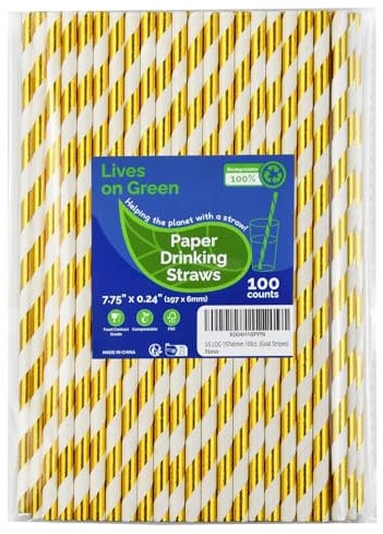 Lives on Green Pailles en papier rayé or/blanc de 7,75 pouces pour boire 100 pailles pour le bar, le restaurant, le mariage, la fête - non emballées