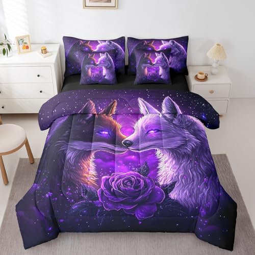 Wild Fox Kinder-Bettwäsche-Set, 7-teilig, Doppelgröße, Fuchspaar, Tierliebe, wendbar, romantisches Rosenmuster, violett, Galaxie-Bettwäsche-Set mit Bettdecke, Laken und Kissenbezug