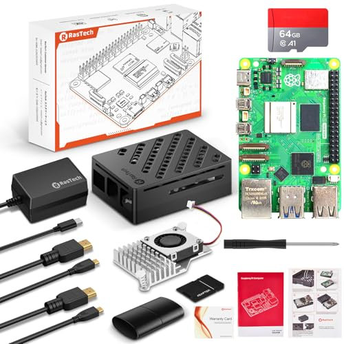RasTech Raspberry Pi 5 16GB Kit Edición 64GB con Active Cooler,Fuente de Alimentación 27W 5.1V5A USB-C,Pi5 16GB Board,Kit Lector de Tarjetas 64GB,Carcasa Pi 5,Dual 4K Cables de HD out