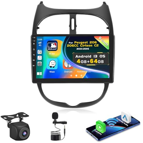 Inefala 4G+64G Android Radio para Peugeot 206/206CC/Cirteon C2 2001-2016, 9 Touchscreen Radio Coche Bluetooth con Wireless CarPlay y Android Auto GPS WiFi RDS/FM EQ SWC Mic Cámara de visión Trasera