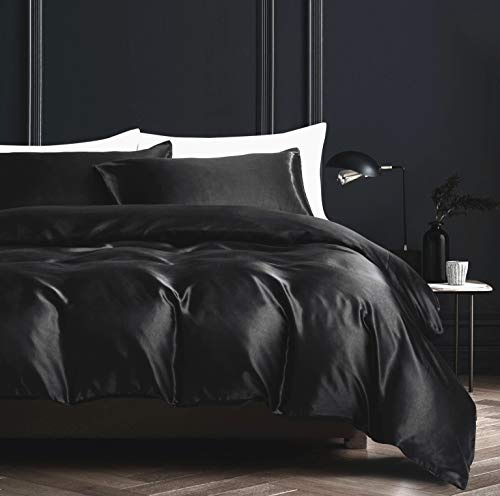 YASMENG Bettbezug, Satin, 140 x 200 cm, Schwarz, einfarbig, glänzend, Deluxe, Bettwäsche, weich, seidig, Seide, Bettwäsche für Einzelbett, mit Reißverschluss, mit Kissenbezug 65 x 65 cm
