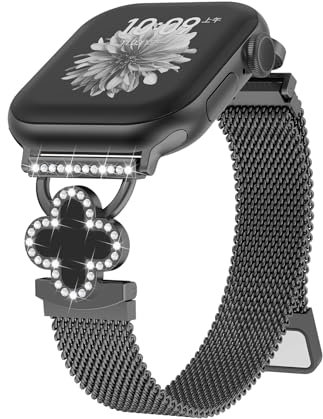 Bling Lucky Clover - Cinturino in metallo compatibile con cinturini Apple Watch da donna da 46 mm, 42 mm, 38 mm, 40 mm, 41 mm, 44 mm, 45 mm, 49 mm, sottile cinturino magnetico milanese per Apple Watch