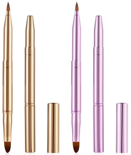 2 Pcs Lip Brush for Lipstick, Double Ended Retractable Lipstick Brush with Cap Reusable Versatile Lip Applicator Wands for Lips Gloss, Eyeshadow Include Lid (Gold and Pink)