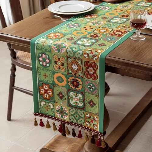 Clothfuna Vintage Boho Ethno-Tischläufer, bunt, marokkanisches Mandala, Tischläufer mit Quasten, geometrisches Gingham-Patchwork-Stil für Esstisch, Sideboard-Dekoration, 35 x 180 cm, Grün