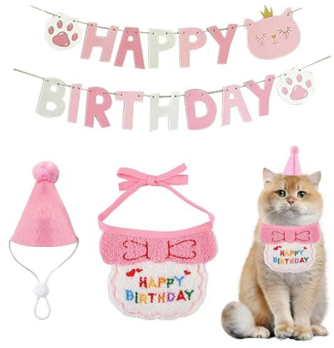KASESSS 3 Stück Katzen Geburtstags Mütze Set, Hunde Partyhüte, Katzen Deko Geburtstag mit Happy Birthday Banner, Kätzchen Bandanas Hunde Geburtstags Mütze Geburtstagshut für Welpenkatzenhaustie Rosa