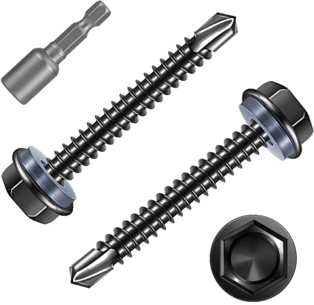 50 Piezas Tornillos Autorroscantes M5,5x32mm, Tornillos Roscachapas de Cabeza Hexagonales,Tornillos Autoperforantes de Acero Inox. 410 Negro Epoxi con 1 Taladro para Metal Chapa Aluminio Madera.
