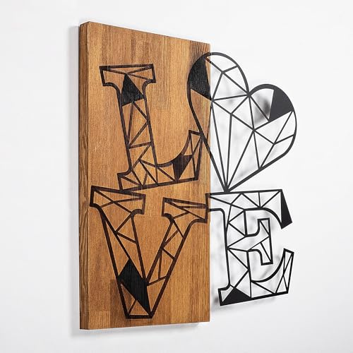 Elegant Decorative Wooden Wall Accessory, Walnut & Black, 56 x 58 cm | 50% Wood (3 cm thick) & 50% Metal | Unique Design with Natural Variations