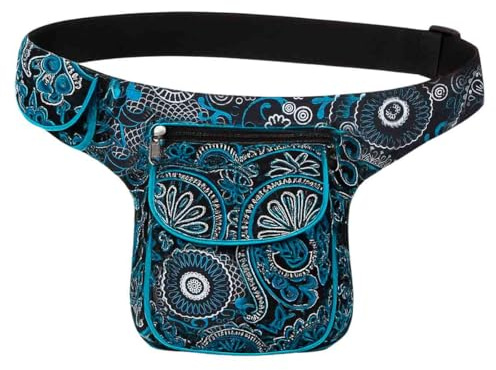 Kunst und Magie Mandala Gürteltasche, Schwarz-Grau, 28 x 18 x 4 cm, Verstellbarer Gurt bis 110 cm, Mehrere Fächer mit Reißverschluss (Schwarz/Blau)