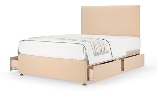 Bedmaster Plush Velvet Divan Base With Storage And Plain Headboard - Colour And Size Options (Natural 4 Drawer, King (U.K. Standard))