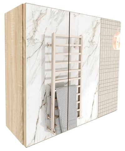 möbelkap Spiegelschrank Bad 60x50x17,8 cm Sonoma Eiche – Badezimmerschrank, Badschrank und Hängeschrank mit Spiegel, 3 Ablageflächen Stauraum, beidseitig montierbare Tür, Wandschrank zur Wandmontage