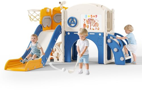 10-in-1-Rutsche für Kleinkinder, Kinderrutsche für drinnen und draußen mit Basketballkorb, Golf, Teleskop und Stauraum, freistehender Spielplatz im Hinterhof (Blau Orange)
