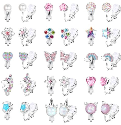 Kakonia Ohrclips Für Kinder Mädchen Hypoallergene Clip Ohrringe Ohne Ohrloch Klipp Ohrringe in Niedlicher Schmetterling Regenbogen Blume Perle Stern Ohrclips Kinder Schmuck Für Mädchen